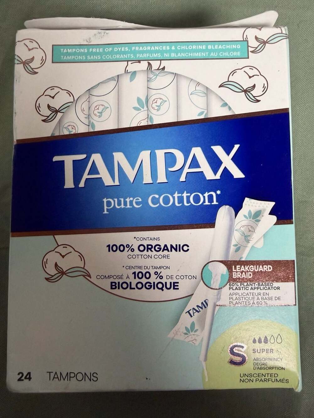 Tampax Pure Cotton Tampons, Unscented, Super Absorbency, 24 Count